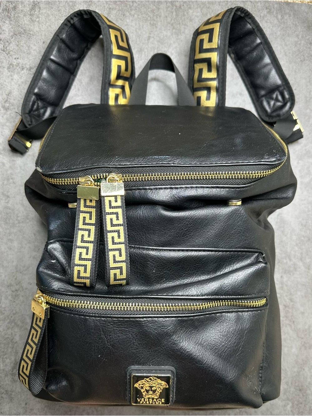 Versace Parfums Black Faux Leather Backpack Gold Medusa Greek Key